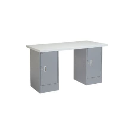 GLOBAL EQUIPMENT 60x24 Pedestal Workbench - Double Cabinet, Plastic Laminate Square Edge Gray 253790